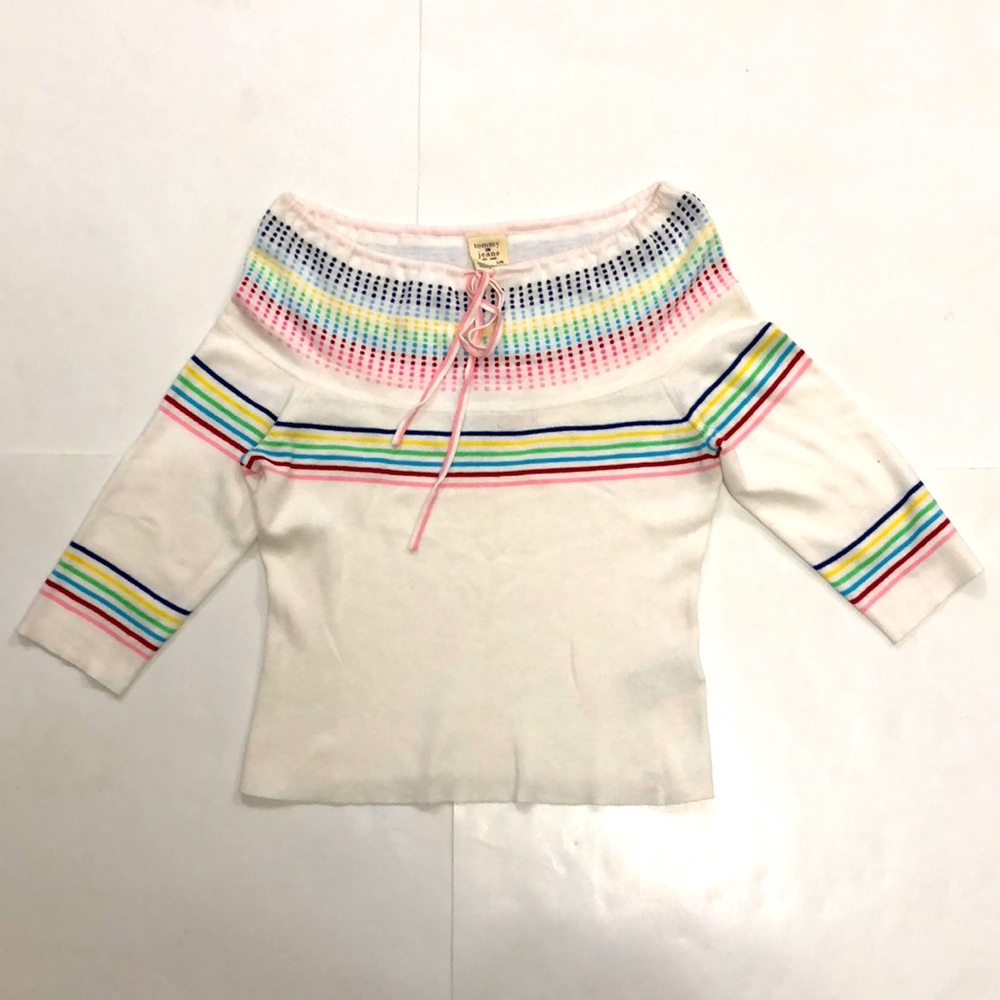 Tommy Jeans L Sweater Rainbow stripe dot white string collar 3/4 length Great
